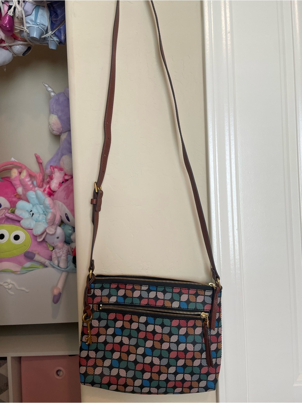 Fossil Multicolor Geometric Crossbody with Brown Strap